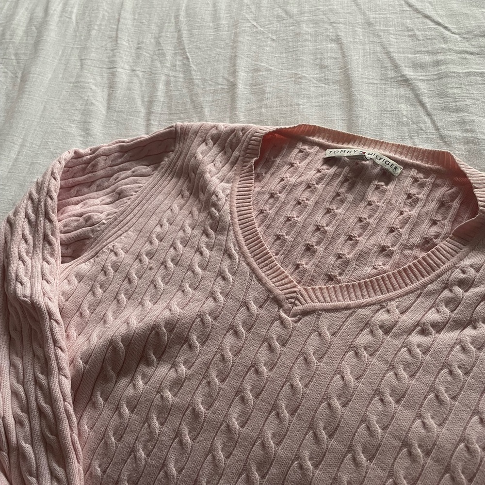 Tommy Hilfiger Pink V-Neck Cable Knit Sweater